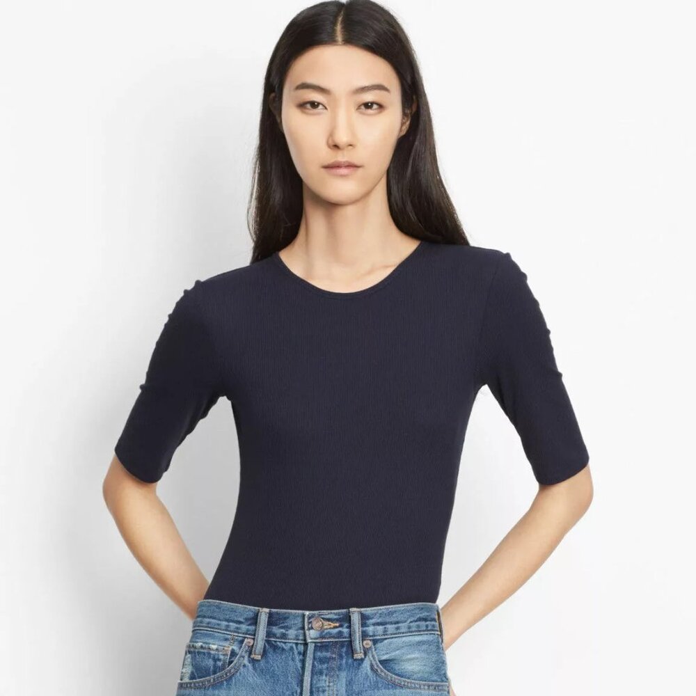 VINCE RIB KNIT THREE QUARTER SLEEVE WOMEN BODYSUIT TEE in NAVY